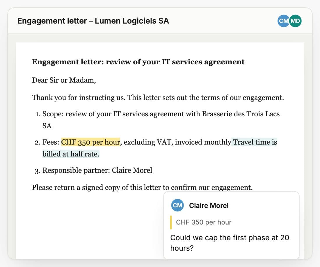 Engagement letter edited by two colleagues in Whisperit, with a comment on the fees